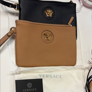 Versace Black and Tan Clutch Set with Medusa Emblem